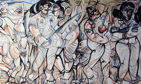 M.Suriyamoorthy (1944-2012) Female figures and horse rider 36.5 x 146cm, unstretchered